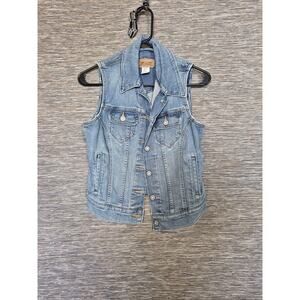 Levis Vest Womens Small Blue Denim Jean Button Front Collared Pockets Trucker